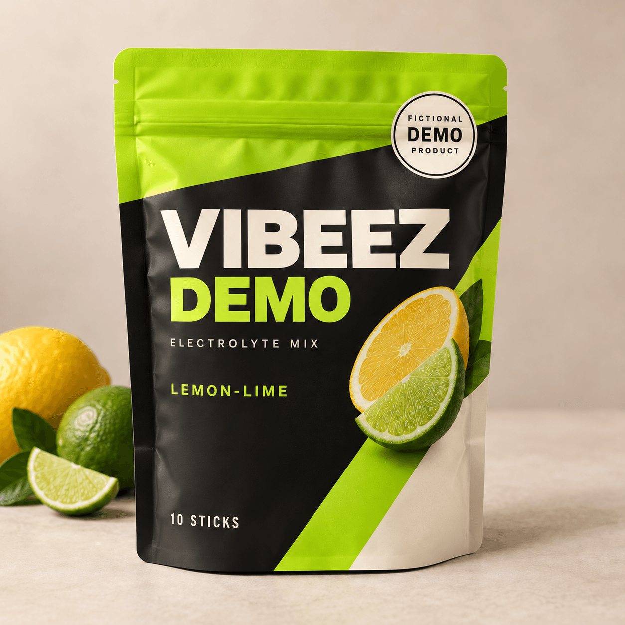Fictional product bottle used in the Vibeez demo