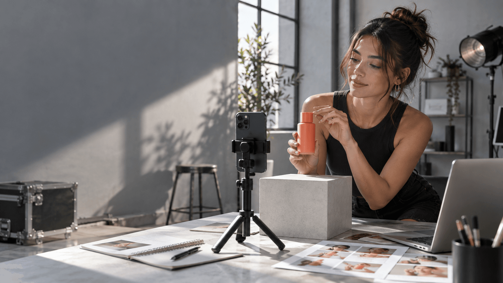 Illustrative AI creator holding a coral product bottle in a production studio